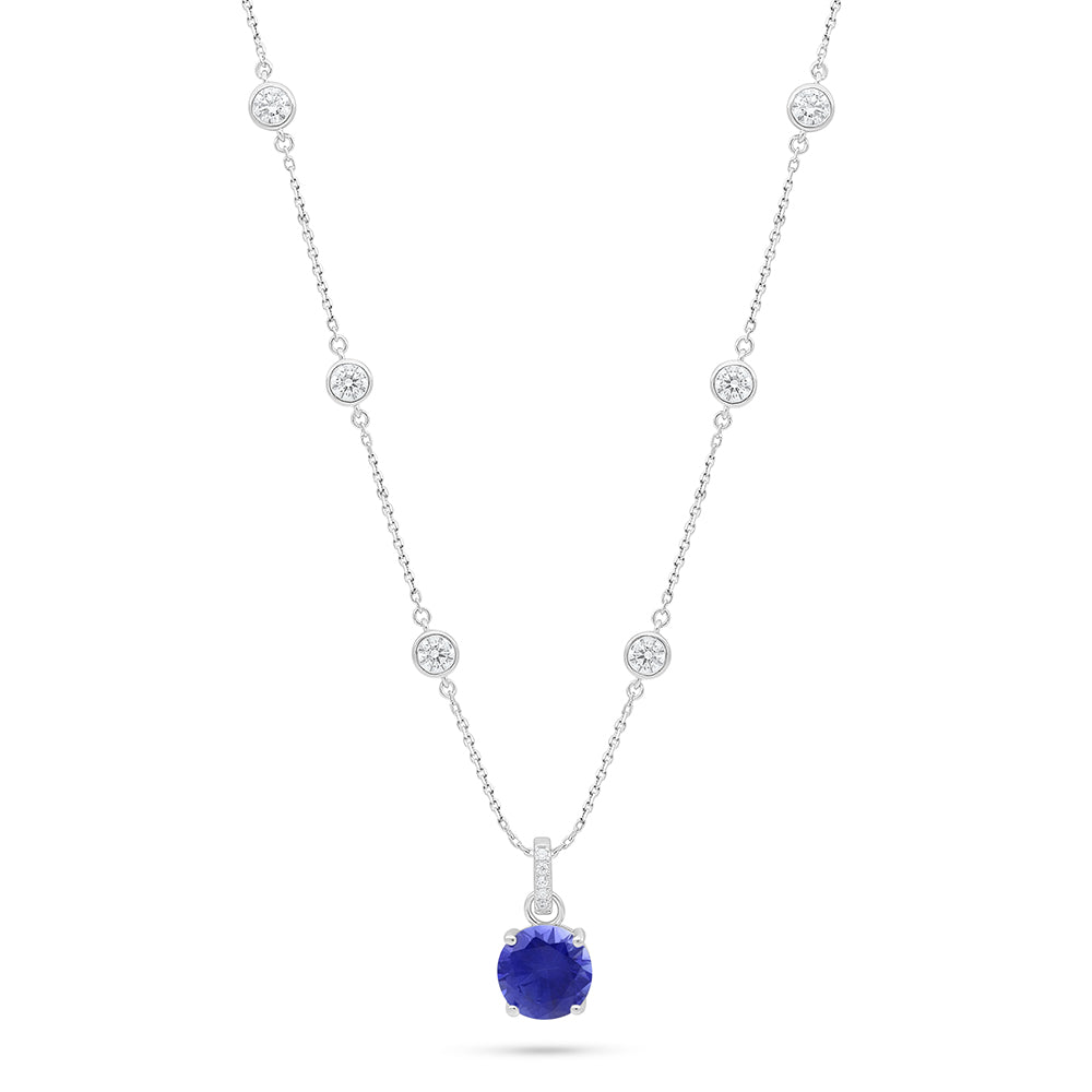 Sterling Silver 925 Necklace Rhodium Plated Embedded With Sapphire Corundum And White Zircon
