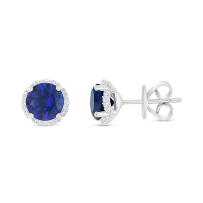 Sterling Silver 925 Earring Rhodium Plated Embedded With Sapphire Corundum And White Zircon