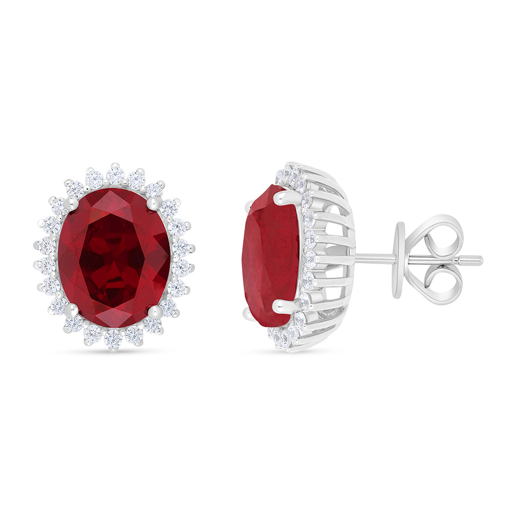 Sterling Silver 925 Earring Rhodium Plated Embedded With Ruby Corundum And White Zircon