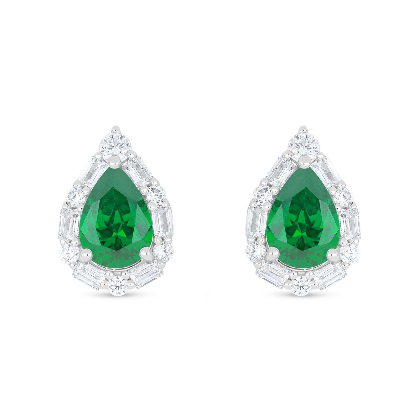 Sterling Silver 925 Earring Rhodium Plated Embedded With Emerald Zircon And White Zircon