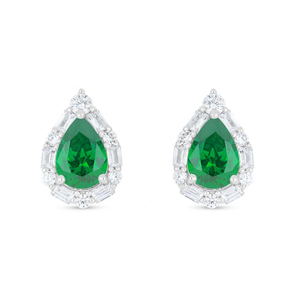 Sterling Silver 925 Earring Rhodium Plated Embedded With Emerald Zircon And White Zircon
