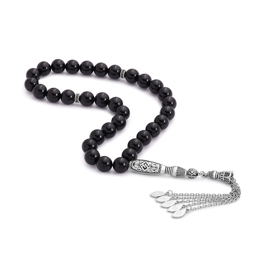 Rosary 33 Black Agete Round Beads Cabochon 10 mm With Stainless Steel 316L Set Silver And Black Plated