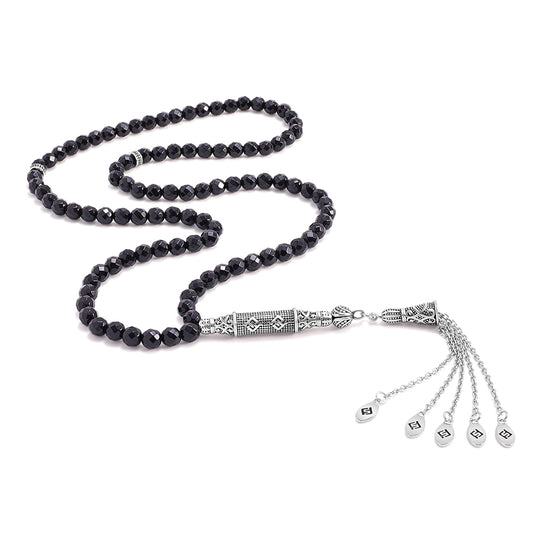 سبحة 100 احجار عقيق اسود بيلية 6 مل Faceted طقم ستانلس ستيل عيار 316L مطلى فضي واسود