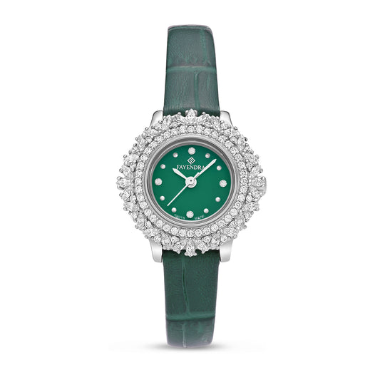 Stainless Steel 316 Watch Silver Color Green Leather Embedded With White Zircon - GREEN MOP DIAL