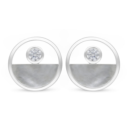 Sterling Silver 925 Earring Rhodium Plated Embedded With White shell And White Zircon
