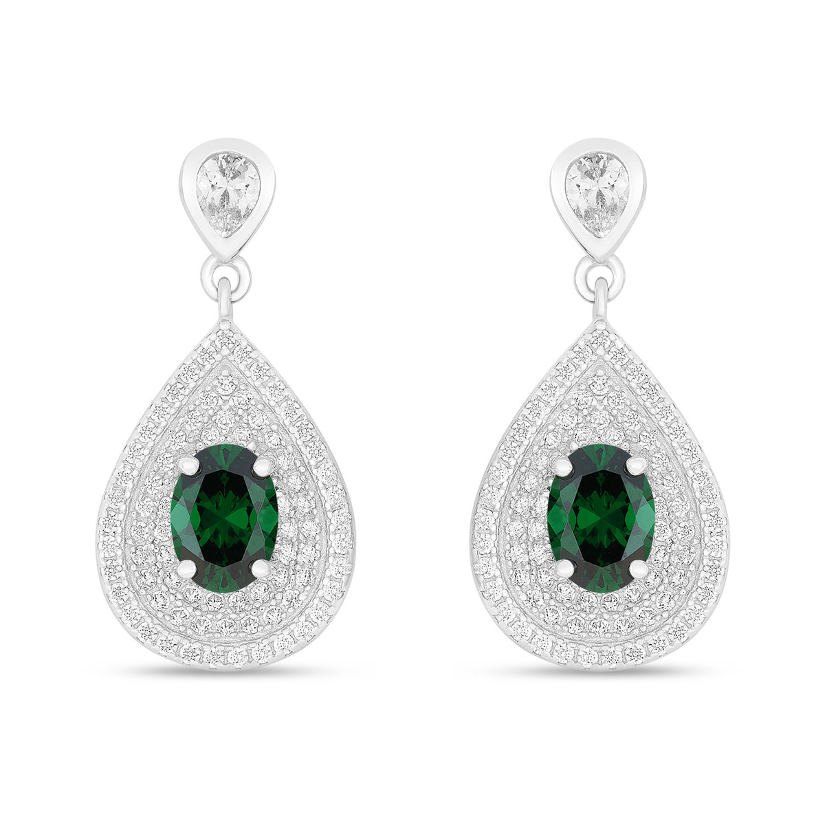 Sterling Silver 925 Earring Rhodium Plated Embedded With Emerald Zircon And White Zircon