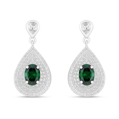 Sterling Silver 925 Earring Rhodium Plated Embedded With Emerald Zircon And White Zircon