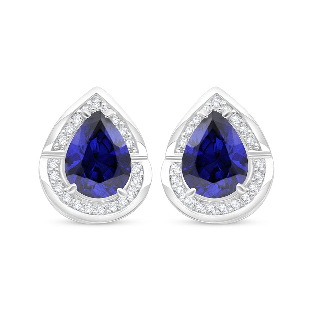 Sterling Silver 925 Earring Rhodium Plated Embedded With Sapphire Corundum And White Zircon