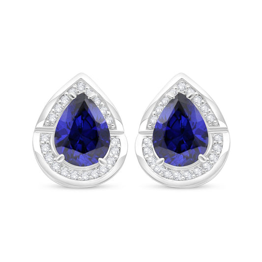 Sterling Silver 925 Earring Rhodium Plated Embedded With Sapphire Corundum And White Zircon