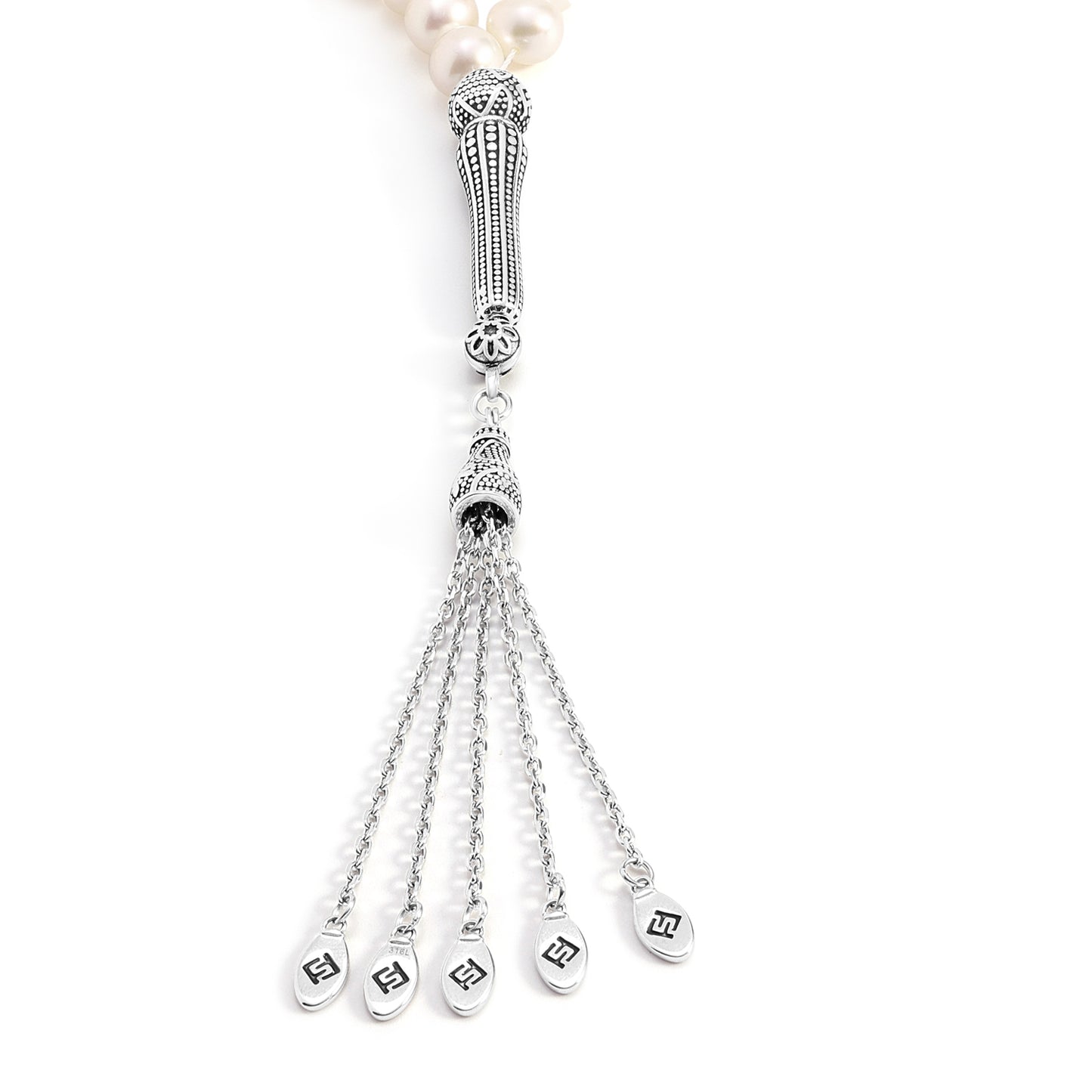 Rosary 33 Natural White Pearl Round Bead 8-9 mm With Stainless Steel 316L Set Silver And Black Plated