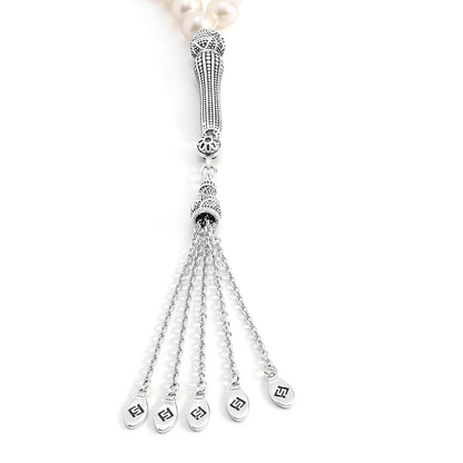 Rosary 33 Natural White Pearl Round Bead 8-9 mm With Stainless Steel 316L Set Silver And Black Plated