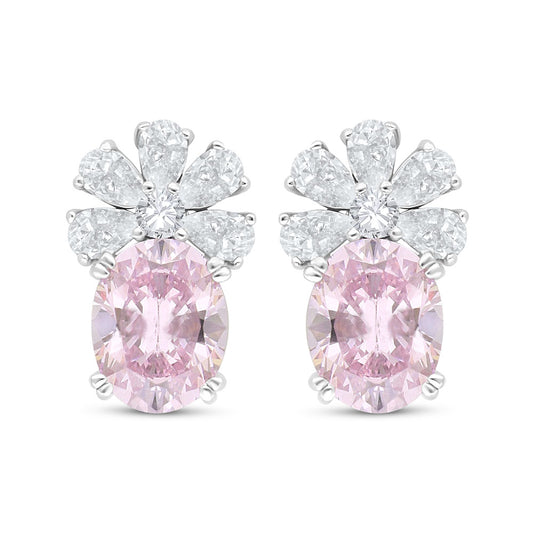 Sterling Silver 925 Earring Rhodium Plated Embedded With pink Zircon And White Zircon