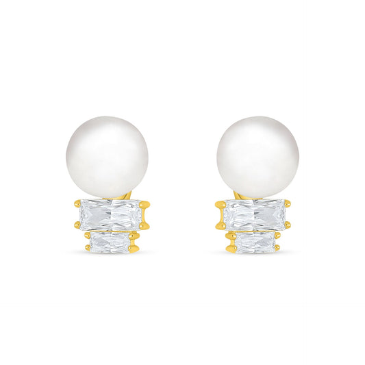 Sterling Silver 925 Earring Golden Plated Embedded With Natural White Pearl And White Zircon