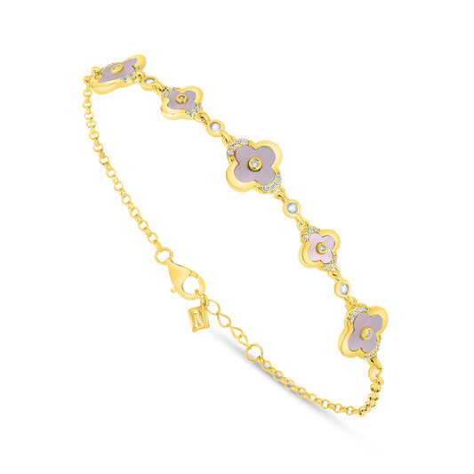 Sterling Silver 925 Bracelet Golden Plated Embedded With Pink Shell And White Zircon