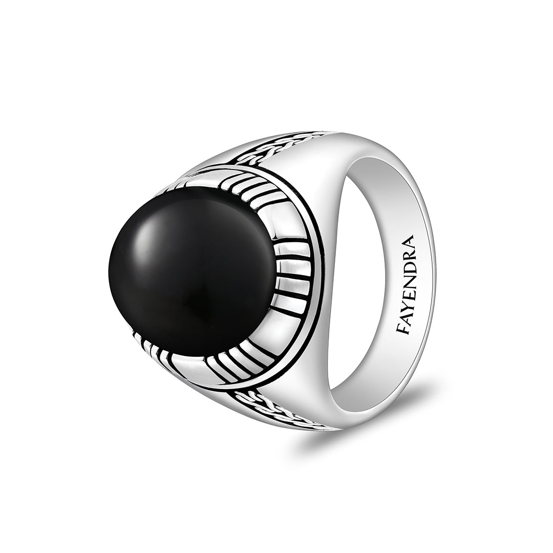 Sterling Silver 925 Ring Rhodium And Black Plated Embedded With Cabochon Natural Black Agate For Men