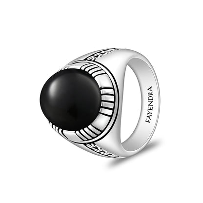 Sterling Silver 925 Ring Rhodium And Black Plated Embedded With Cabochon Natural Black Agate For Men