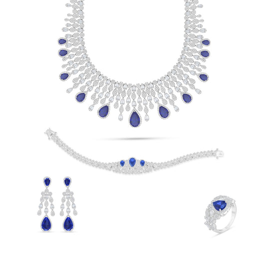 Sterling Silver 925 Set Rhodium Plated Embedded With Sapphire Corundum And White Zircon