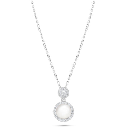 Sterling Silver 925 Necklace Rhodium Plated Embedded With Natural White Pearl And White Zircon
