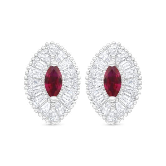 Sterling Silver 925 Earring Rhodium Plated Embedded With Ruby Corundum And White Zircon