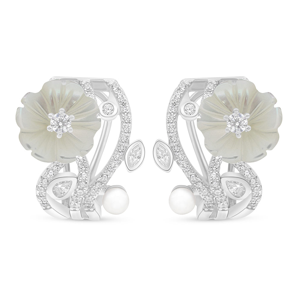 Sterling Silver 925 Earring Rhodium Plated Embedded With Natural White Pearl And White Shell And White Zircon