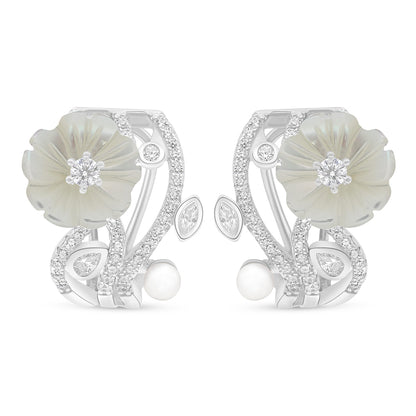 Sterling Silver 925 Earring Rhodium Plated Embedded With Natural White Pearl And White Shell And White Zircon