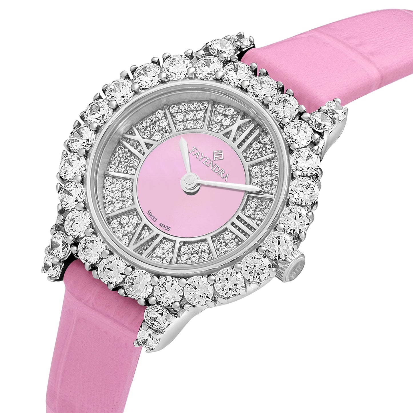 Stainless Steel 316 Watch Silver Color Pink Leather Embedded With White Zircon - PINK MOP DIAL