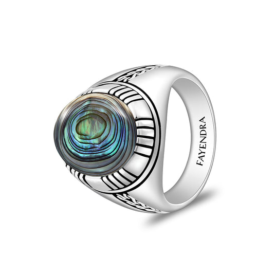 Sterling Silver 925 Ring Rhodium And Black Plated Embedded With Cabochon Paua Shell For Men