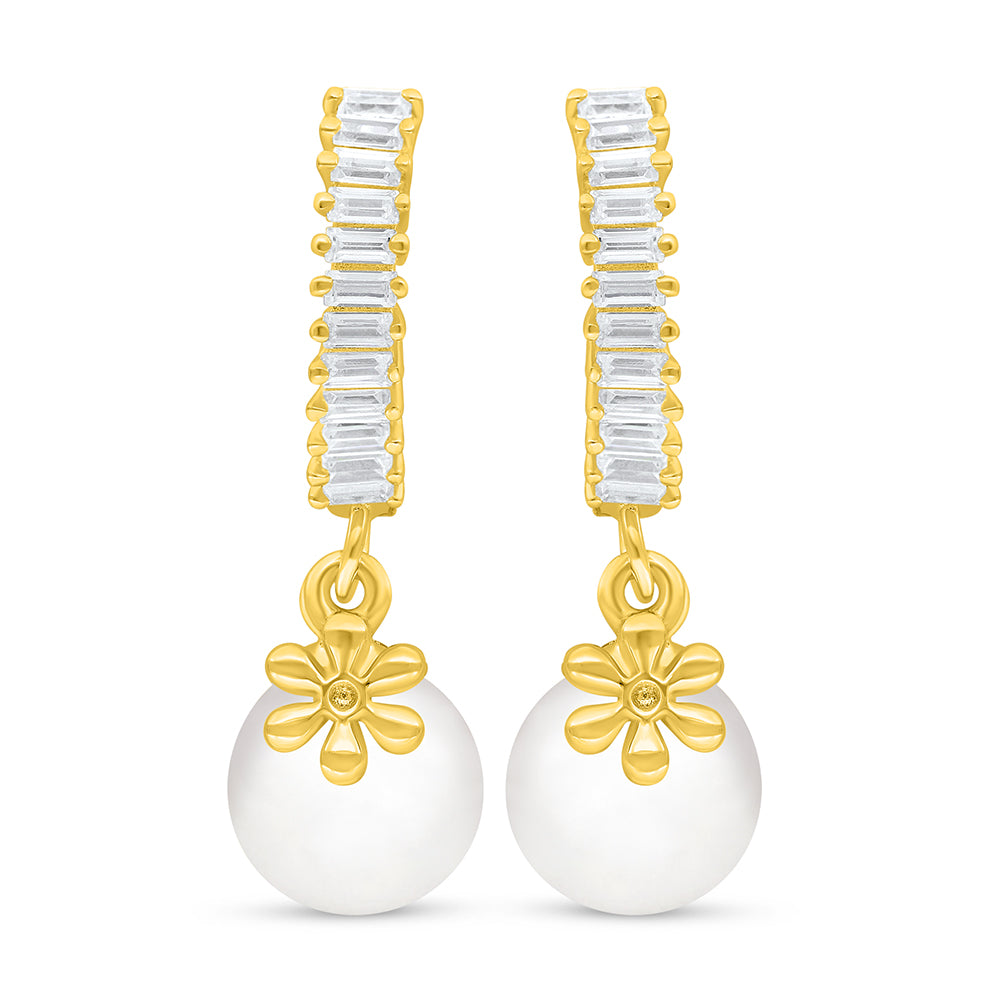 Sterling Silver 925 Earring Golden Plated Embedded With Natural White Pearl And White Zircon
