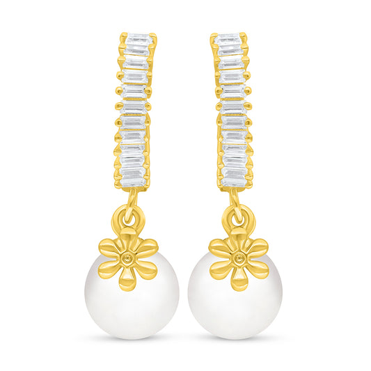 Sterling Silver 925 Earring Golden Plated Embedded With Natural White Pearl And White Zircon