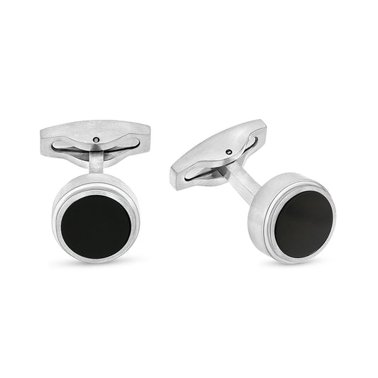 Stainless Steel Cufflink 316L Silver Color Embedded With Black Agate Matt Steel