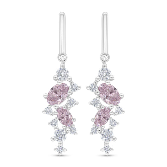 Sterling Silver 925 Earring Rhodium Plated Embedded With Pink Zircon And White Zircon