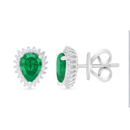 Sterling Silver 925 Earring Rhodium Plated Embedded With Emerald Zircon And White Zircon