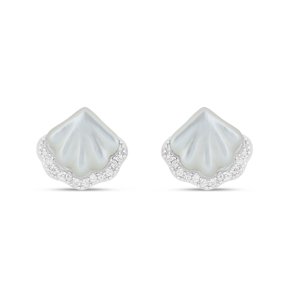 Sterling Silver 925 Earring Rhodium Plated Embedded With White Shell And White Zircon