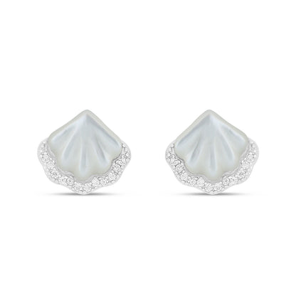 Sterling Silver 925 Earring Rhodium Plated Embedded With White Shell And White Zircon