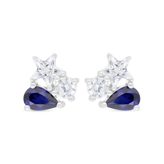 Sterling Silver 925 Earring Rhodium Plated Embedded With Sapphire Corundum And White Zircon