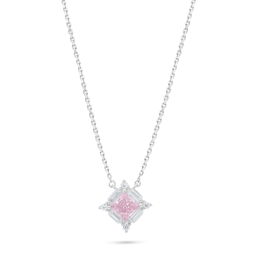 Sterling Silver 925 Necklace Rhodium Plated Embedded With Pink Zircon And White Zircon