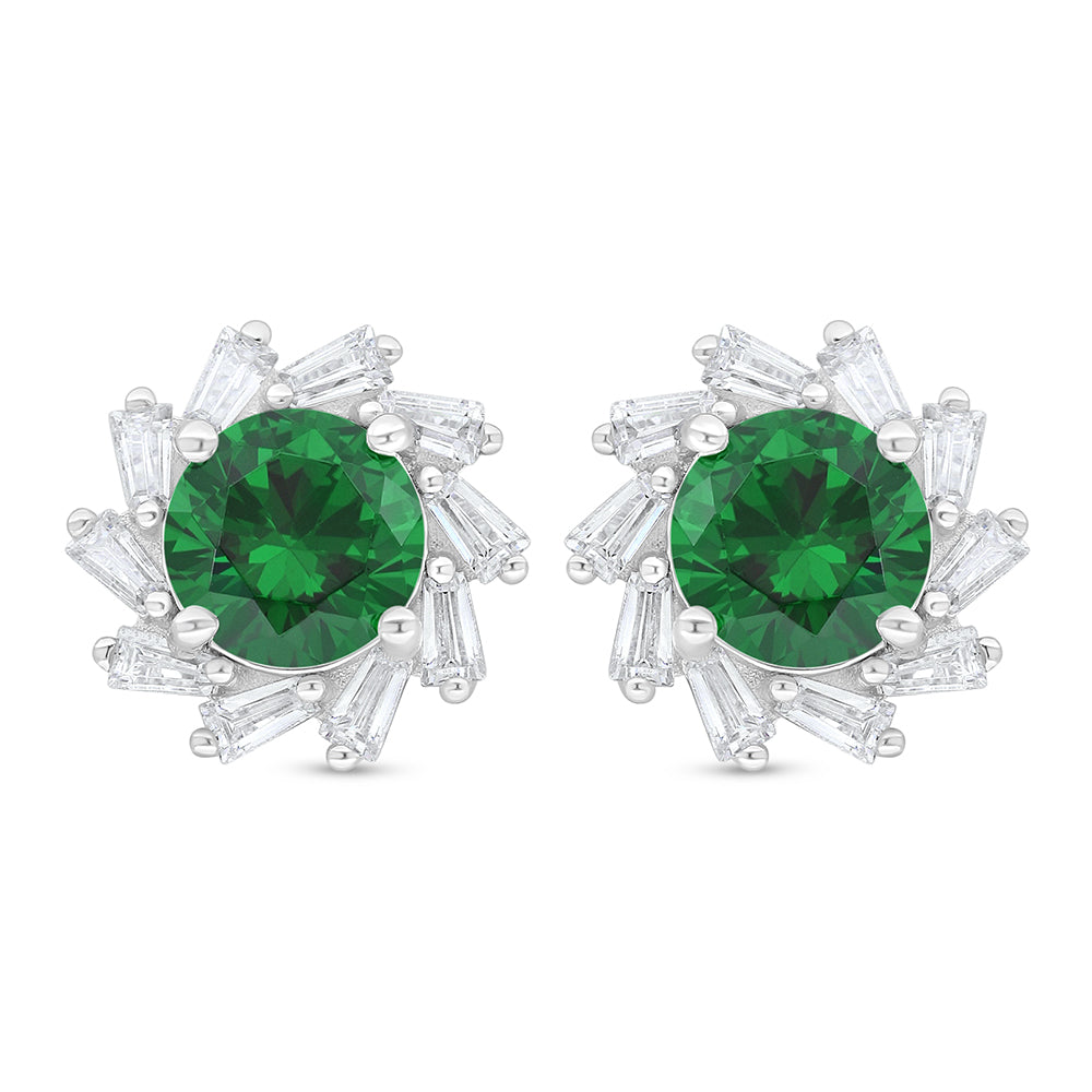Sterling Silver 925 Earring Rhodium Plated Embedded With Emerald Zircon And White Zircon