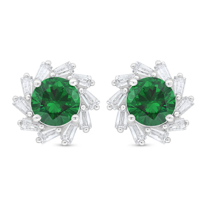 Sterling Silver 925 Earring Rhodium Plated Embedded With Emerald Zircon And White Zircon