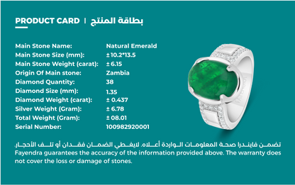 Sterling Silver 925 Men Ring Rhodium Plated Embedded With Natural Emerald And Natural Diamond (CVD)