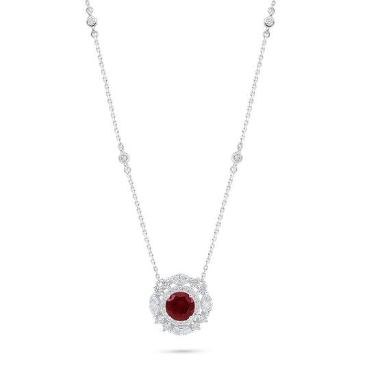Sterling Silver 925 Necklace Rhodium Plated Embedded With Ruby Corundum And White Zircon
