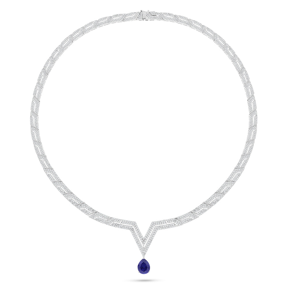 Sterling Silver 925 Necklace Rhodium Plated Embedded With Sapphire Corundum And White Zircon