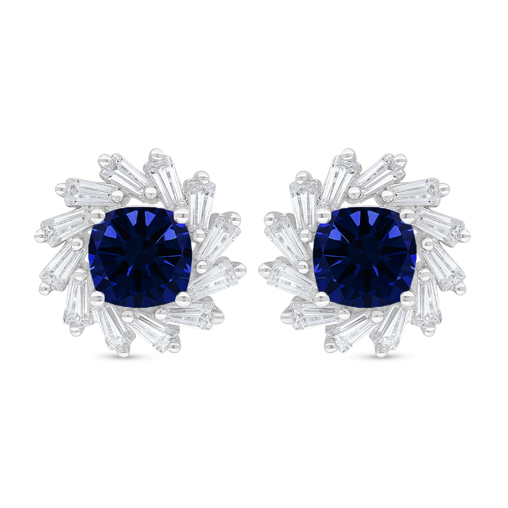 Sterling Silver 925 Earring Rhodium Plated Embedded With Sapphire Corundum And White Zircon