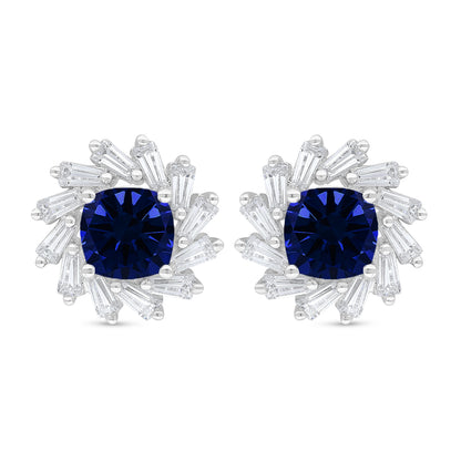 Sterling Silver 925 Earring Rhodium Plated Embedded With Sapphire Corundum And White Zircon