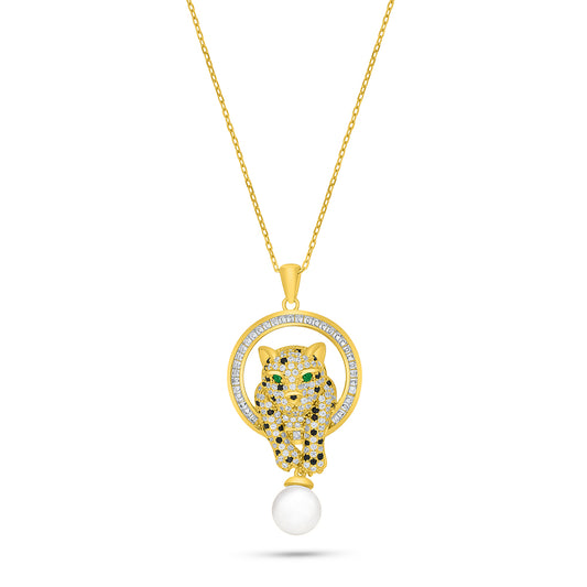 Sterling Silver 925 Necklace Golden Plated Embedded With Natural White Pearl And Emerald Zircon And White Zircon