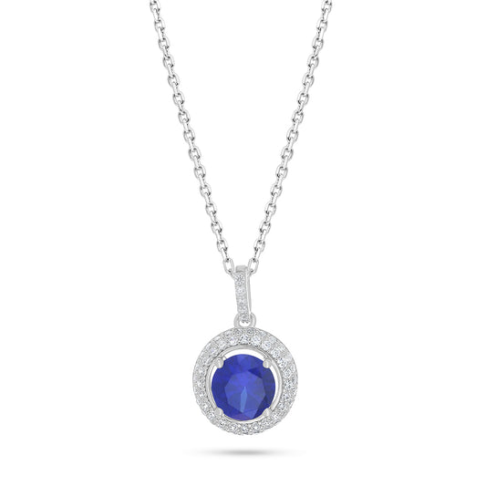 Sterling Silver 925 Necklace Rhodium Plated Embedded With Sapphire Corundum And White Zircon