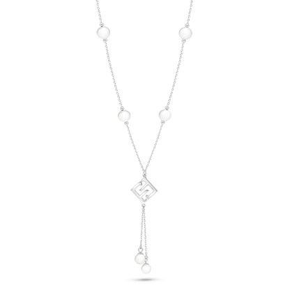 عقد من الفضة الخالصة عيار 925 مطلي روديوم مرصع لولو ابيض طبيعي LOGO