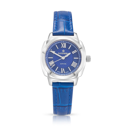 ساعة ستانلس ستيل عيار  L316 بلون فضي جلد ازرق - مينا معدنية باللون الازرق