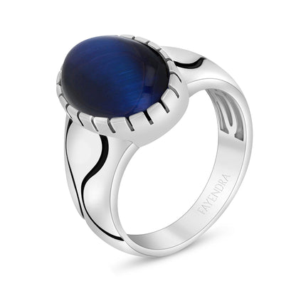 Sterling Silver 925 Ring Rhodium And Black Plated Embedded With Cabochon Blue Tiger Eye For Men
