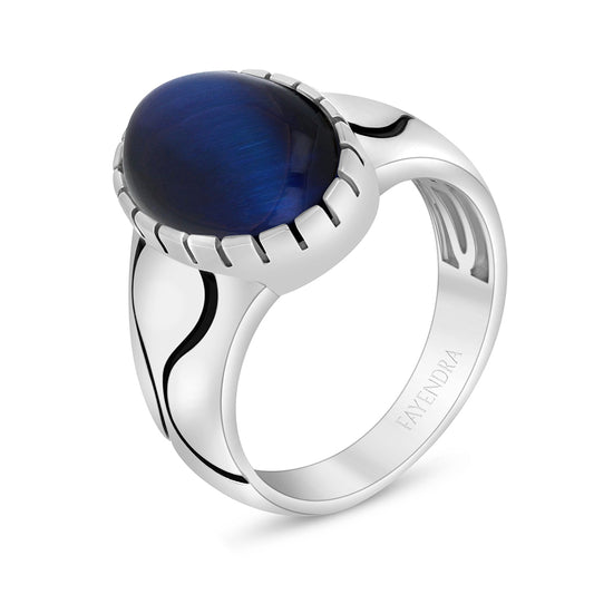 Sterling Silver 925 Ring Rhodium And Black Plated Embedded With Cabochon Blue Tiger Eye For Men