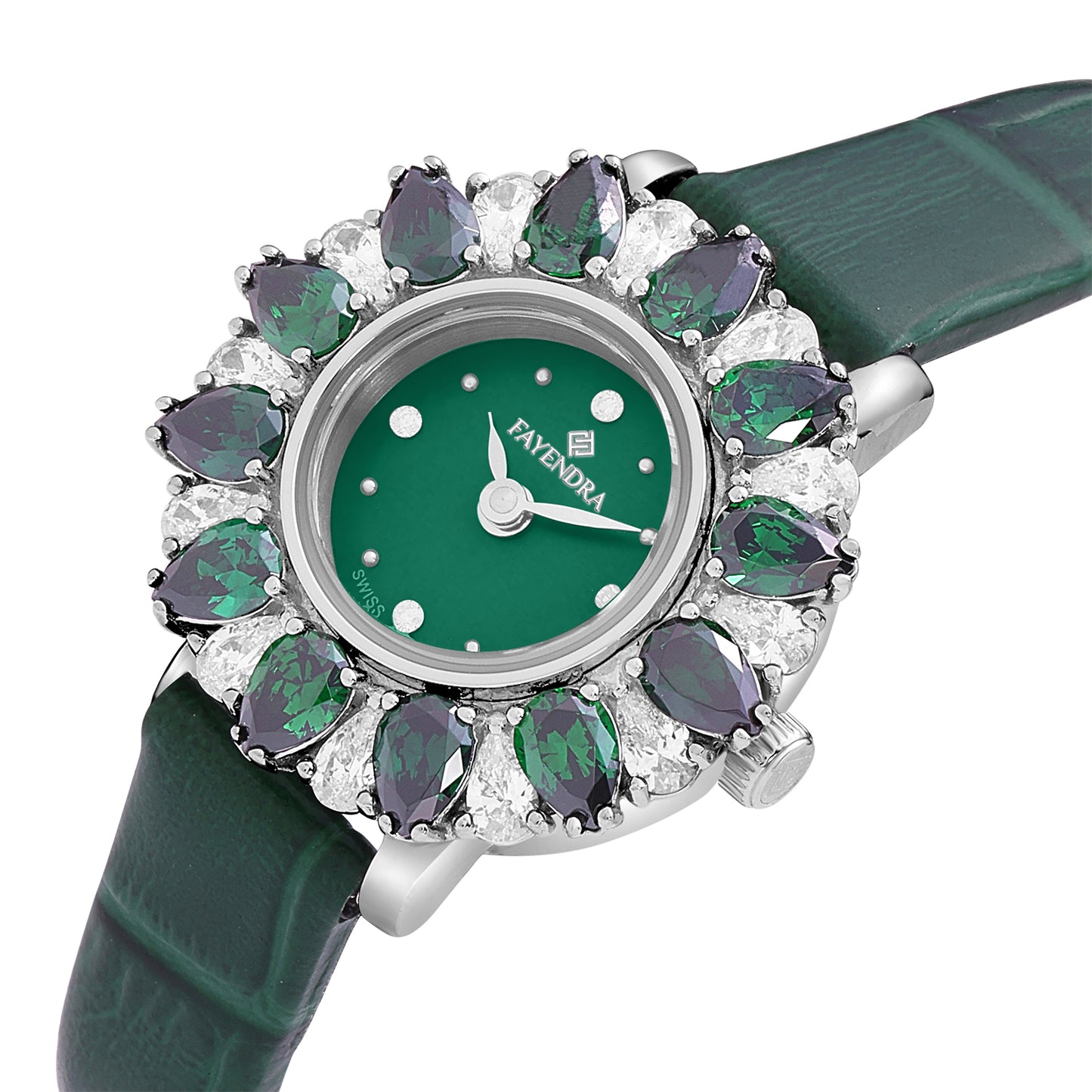 Stainless Steel 316 Watch Silver Color Green Leather Embedded With Emerald Zircon And White Zircon - GREEN MOP DIAL